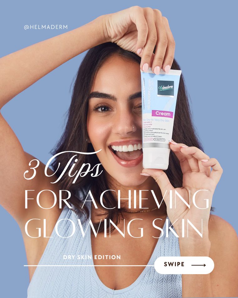 Cover: model holding Helmaderm dry skin cream, 3 tips for achieving glowing skin